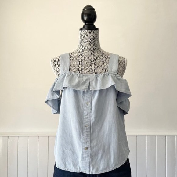 Twig Blue & White Striped Boho Ruffled Cold Shoulder Tank Top Size M - Picture 1 of 10